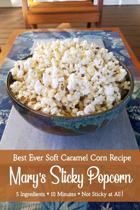 Best Ever Soft Caramel Corn Recipe {Mary's Sticky Popcorn} Takes just 5 ingredients + 10 minutes! | The Good Hearted Woman  #popcorn #caramel #caramelcorn #caramelpopcorn #caramelcornrecipe Sticky Popcorn, Caramel Corn Recipe, Homemade Caramel Popcorn, Caramel Corn Recipes, Popcorn Recipes Caramel, Honey Caramel, Corn Recipe, Snack Craving, Soft Caramel