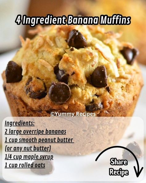 Easy Banana Muffins Recipe, 4 Ingredient Banana Bread, Easy Banana Muffins, Rolled Oats Recipe, Banana Recipes Overripe, Banana Muffins Easy, Banana Oat Muffins, Simple Muffin Recipe, Banana Muffin Recipe