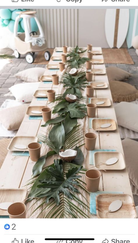 Surf Centerpiece Ideas, Neutral Luau Party, Island First Birthday Party, Sand Centerpiece Ideas, Boho Surf Party, Surf Party Centerpieces, Wild One Table Decorations, Surf Birthday Party, Tiger Birthday Party