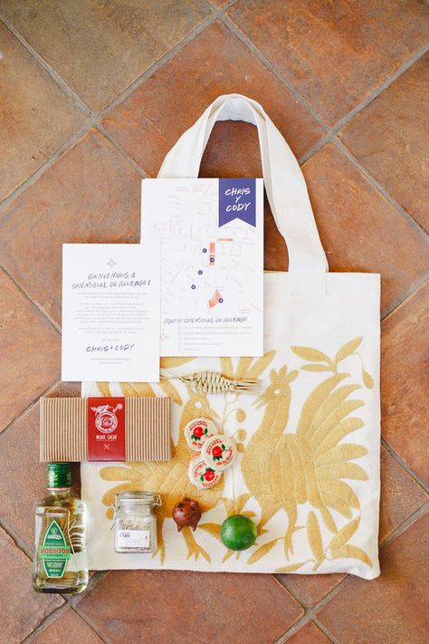 Festive San Miguel de Allende wedding: Cody + Chris - 100 Layer Cake Mexican Wedding Welcome Bags, Tropical Welcome Bags, Cabo Welcome Bag, Mexico Welcome Bags, Mexico Wedding Welcome Bags, Welcome Bags For Wedding Guests, Sayulita Wedding, Wedding Welcome Gifts, Bachelorette Ideas