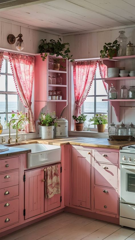 11 Inspirational Pink Coastal Home Decor Ideas — Coastal Cottage by Celeste Pink English Cottage, Colorful Cottage Interiors, Cottagecore House Interior, Home Decor Girly, Girly House, Coastal Cottage Kitchen, Pink Coastal, Home Redesign, Coastal Bathroom Design