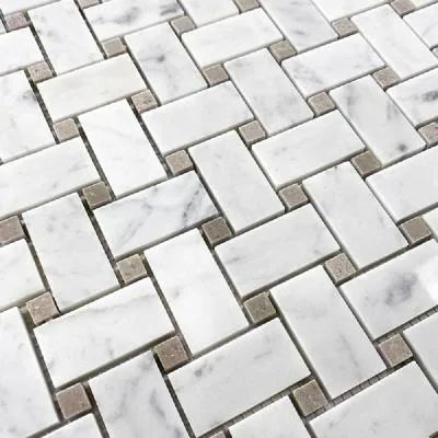 White and Beige 12 in. x 12 in. Basketweave Polished Marble Mosaic Floor and Wall Tile (5-Pack) (5 sq. ft./Case) Basketweave Tile Bathroom, Basketweave Tile Floor, Marble Mosaic Floor, Basket Weave Tile, White Marble Mosaic, Shower Floor Tile, Mosaic Floor, Unique Tile, Backsplash Designs