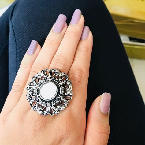 Silver Ring Indian, Oxidised Rings Aesthetic, Oxidised Silver Ring, Desi Ootd, Jhumka Collection, Navratri Jewellery, Hand Jewelry Rings, Girly Swag, Oxidised Silver Jewelry