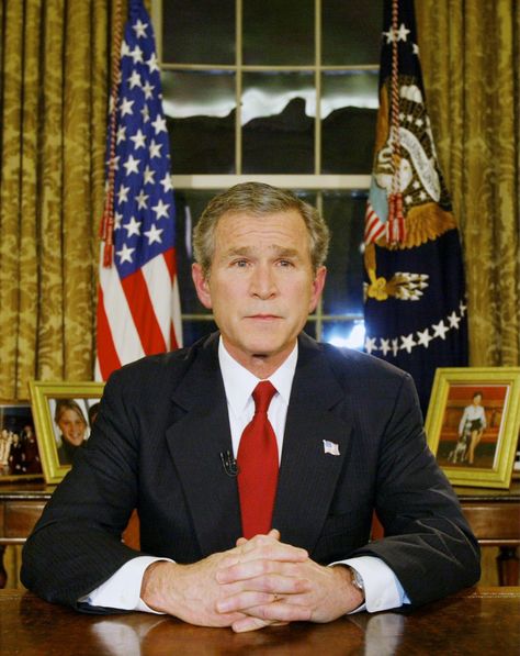 President George W. Bush on TV announcing the start of the The Iraq War 2003 George W Bush, George Bush, Head Of State, European History, Us Presidents, Business Leader, Iraq, The Start, United States Of America