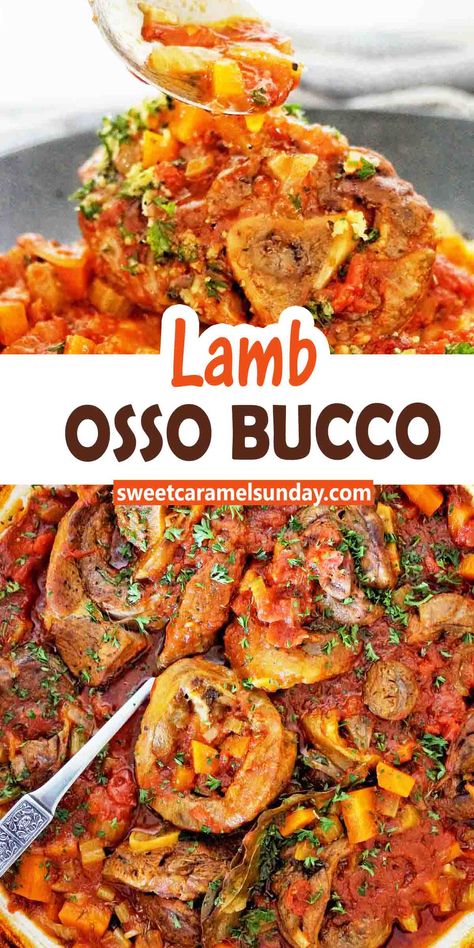 Spoon pouring sauce over lamb osso bucco. Text is written between 2 images. Lamb Neck Chops Recipe, Chopino Recipe, Lamb Osso Bucco Recipe, Lamb Osso Bucco, Crockpot Lamb, Osso Bucco Recipe, Osso Buco Recipe, Slow Cooker Lamb, Osso Bucco