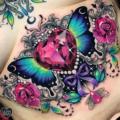 Gem Tattoo, Jewel Tattoo, Crystal Tattoo, Colorful Tattoos, Diamond Tattoos, Sweet Tattoos, Chest Tattoos For Women, Chest Piece Tattoos, Geniale Tattoos