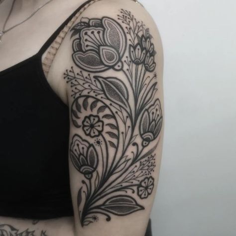 Traditional Folk Flower Tattoo, German Flower Tattoo, Nordic Flower Tattoo, Folk Floral Tattoo, Scandinavian Flower Tattoo, Folk Art Flowers Tattoo, Traditional Polish Tattoo, Old School Flower Tattoo Black, Tattoo Bees