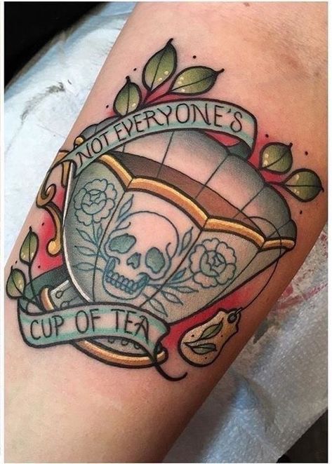 Lion Tattoo Arm, Cup Of Tea Tattoo, Traditional Tattoo Woman, Tea Tattoo, Teacup Tattoo, Traditional Sleeve, Traditional Tattoo Sleeve, Skull Style, Tattoos Geometric