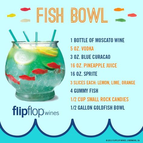 Flip Flop Wine Fish Bowl Recipe Creative Alcoholic Drinks, Fishbowl Drink, Types Of Drinks, Bowl Cocktails, Gummy Fish, Malibu Rum, Liquor Drinks, Super Bowl Party, Blue Curacao