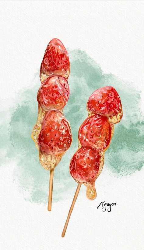 Tanghulu Drawing, Food Watercolor, Food Art Painting, Strawberry Art, Food Artwork, Food Illustration Art, Marker Drawing, Food Drawing, Art Inspiration Painting