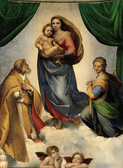 Sistine Madonna, also called La Madonna di San Sisto, is an oil painting by the Italian artist Raffaello Sanzio (Raphael). - The Sistine Madonna, Raphael Paintings, Sistine Madonna, World Famous Paintings, Tableaux Vivants, Istoria Artei, Art Sacre, Art Classique, Italian Painters