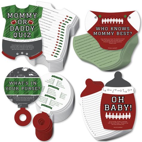 End Zone - Football Gamerific Bundle INCLUDES 4 baby shower games with 10 game cards per each game. BABY SHOWER GAMES: Guests will have fun playing 4 different Baby Shower games: Mommy or Daddy Quiz, Who Knows Mommy Best, What’s in Your Purse, and Oh Baby! Each game is shaped like popular baby items: baby bodysuit, diaper, baby rattle, and baby bottle. HOW TO PLAY: Each game card is printed with easy-to-follow game instructions. For added fun, make each game extra competitive by adding a time li Football Baby Shower Theme, Sprinkle Ideas, Football Party Supplies, Football Baby Shower, Sports Baby Shower, Who Knows Mommy Best, Sprinkle Party, Coed Baby Shower, Whats In Your Purse