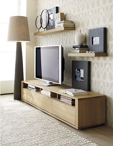 I really want a light, modern low console for living room. Right now we have a huge dark brown piece. It's nice. But it's way too heavy and dark. Tv Wall Decor Ideas, Tv Ideas, Thrifty Decor Chick, Tv Wall Decor, 아파트 인테리어, Tv Decor, Living Room Tv Wall, Diy Planner, Pallet Ideas