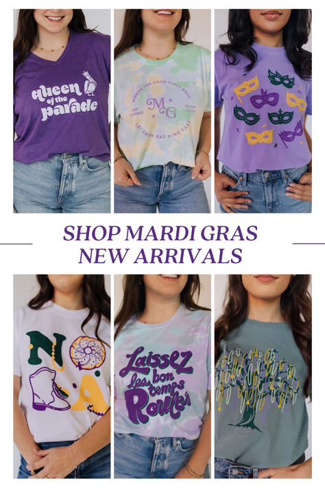 Shop Mardi Gras Outfits for Women with our new mardi gras graphic tee arrivals. Eat king cake, go to the parade, have a jazz revival, and have fun in these festive tees! Jazz Revival, Mardi Gras Outfits For Women, Mardi Gras Shirts Vinyl, Mardi Gras Sorority Shirt, Mardi Gras Sayings For Shirts, Mardi Gras Nails, Womens Mardi Gras Shirt, Mardi Gras Sweatshirt, Mardi Gras Centerpieces