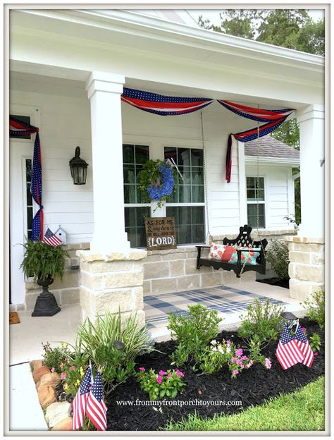 White Farmhouse Front Porch, Flag On Porch, Porch Bunting, Porch With Rocking Chairs, Fourth Of July Front Porch, Front Porch With Rocking Chairs, Patriotic Front Porch Decor, Patriotic Porch Decor, Patriotic Front Porch