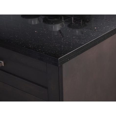 NewAge Products 3 ft. Solid Surface Countertop in Black Galaxy Granite 89107 - The Home Depot Granite Countertop Edges, Black Galaxy Granite, Solid Surface Countertop, Corian Countertops, Kitchen Granite, Newage Products, Solid Surface Countertops, Black Countertops, Stair Railing Design