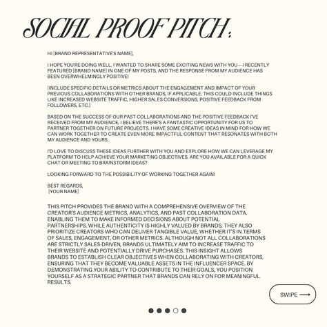 Ready to pitch to a brand? Follow these steps for a compelling proposal as a UGC to gain thise brand deals 🤍 I have been a full time creator for the last 2 years, and this is the best way I have used and found to land these paid deals: 1️⃣ Research the brand: Know their values, audience, and campaigns. 2️⃣ Find the right contact: Look for someone in marketing or PR. 3️⃣ Craft a personalized email: - Subject line: Make it clear and enticing. - Introduction: Introduce yourself and your pl... Brand Pr Emails, Pr Emails, Pitch Email Template, Sabrina Carpenter Email I Can't Send, Reengagement Email Marketing, Brand Deals, Social Media Content Planner, Introduce Yourself, Email Branding