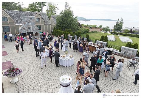 outdoor cocktail hour at Kelly and George's Bar Harbor Club wedding, Bar Harbor, Maine. You can see the ceremony site just beyond. Bar Harbor Maine Wedding, Bar Harbor Wedding, Acadia National Park Wedding, Drone Wedding, Outdoor Cocktail Hour, Park Wedding Photos, Maine Wedding Venues, Harbor Wedding, Outdoor Cocktail