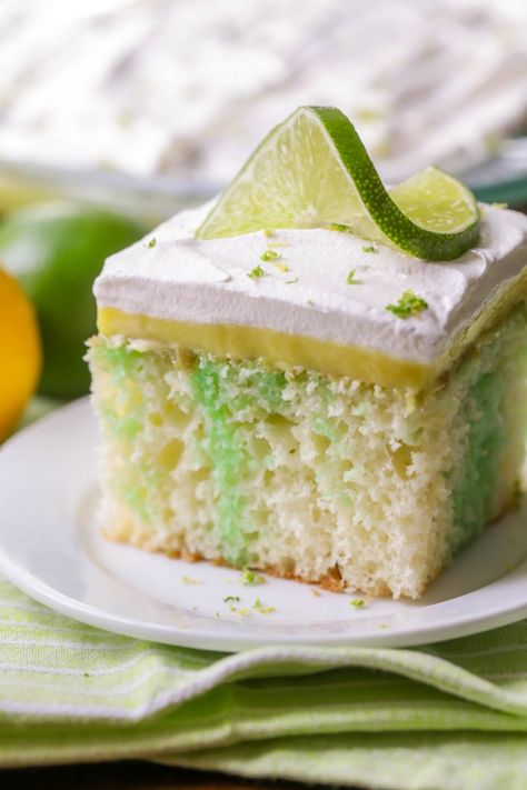 Soft and delicious Lemon Lime Poke Cake. Full of lime and topped with a creamy lemon pudding and topped with whipped cream and zest! Lime Poke Cake, Lemon Lime Cake, Lime Cake Recipe, Poke Cake Jello, Poke Cake Lemon, Key Lime Cake, Lime Desserts, Cake Filling Recipes, Jello Cake