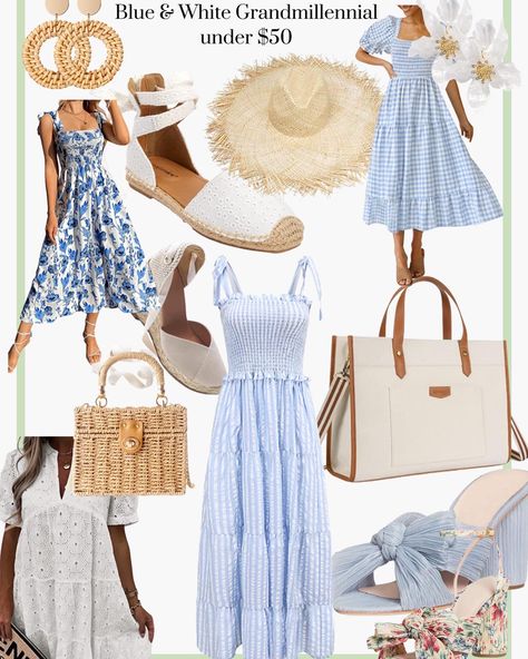 Grand Millennial Fashion, Grand Millennial Outfits, Blue And White Aesthetic Outfit, Nautical Dress Women, Nautical Outfit Women, Elegant Beach Outfit, Grandmillennial Style, Grand Millennial, A Line Maxi Dress