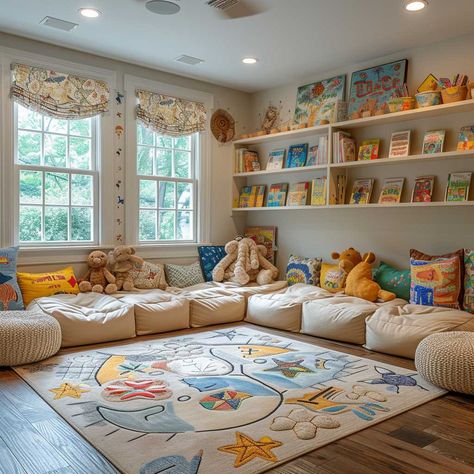 Art Kids Playroom, Childminding Room Ideas Playrooms, Colorful Playroom Design, Kids Living Room Play Area, Fun Kids Playroom Ideas, Play Room For Toddler Ideas, Kid Friendly Home Decor, Play Room Kid Design, Children’s Playroom