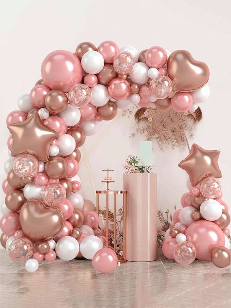 91pcs Rose Gold Balloon Garland Arch Kit, Star & Heart Foil Balloon Light Pink White Confetti Balloon Arch For Women Birthday, Wedding, Bridal Shower Party Decoration Multicolor    Latex     Event & Party Supplies, size features are:Bust: ,Length: ,Sleeve Length: Pink Balloon Hoop, Rose Gold Balloon Garland, Gold And Pink Balloons, Gold Balloon Garland, Balloon Light, Balloon Lights, White Confetti, 28th Birthday, Rose Gold Balloons