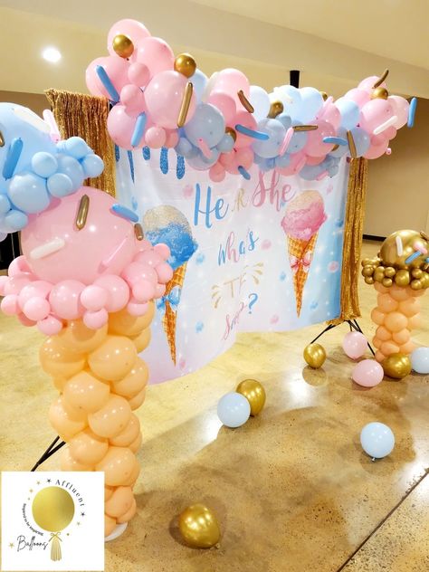 Supplies

12 inch and 5 inch 
• Light Blue
• Baby Pink 
• Peach 

5 inch gold balloons

Sprinkles- 260 balloons
• Light Blue
• Baby Pink
• Gold
• White 

1- Backdrop Stand

1- 6x8 what's the scoop Backdrop curtain 

2- 6x6 Gold Sequince Curtains 

*Cones supplies 

2- Balloon Column Stands

12 inch Peach balloons 
36 inch 
• Light Blue Balloon
• Baby Pink
• Gold (reveal balloon)

Sprinkles- 260 balloons
• Light Blue
• Baby Pink
• Gold
• White The Scoop Gender Reveal, Whats The Scoop Gender Reveal Backdrop, Pink And Blue Balloon Garland, What's The Scoop Gender Reveal, Balloon Garland Pink, Scoop Gender Reveal, Blue Balloon Garland, Baby Reveal Cakes, Baby Gender Reveal Party Decorations