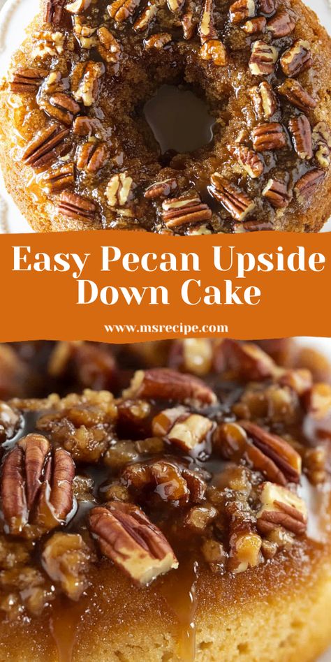 Looking for a dessert that will impress? This easy pecan upside-down bundt cake combines crunchy pecans with a golden vanilla cake, perfect for any gathering. Spice Cake Coffee Cake, Cherry Pecan Cake, Autumn Bundt Cake, Pecan Upside Down Cake With Box Cake, Cakes For Thanksgiving Desserts, Pecan Cake Mix Recipes, Caramel Pecan Upside Down Cake, Upside Down Pecan Cake, Pecan Upside Down Bundt Cake