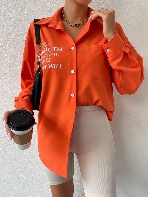 Orange Casual Collar Long Sleeve Fabric Slogan Tunic Embellished Slight Stretch Spring/Fall Women Tops, Blouses & Tee Clean Body, Oversized Blouse, Modern Wardrobe, Women Blouses, Orange Fashion, Outfit Combinations, 5 S, Shirt Sale, Women Tops