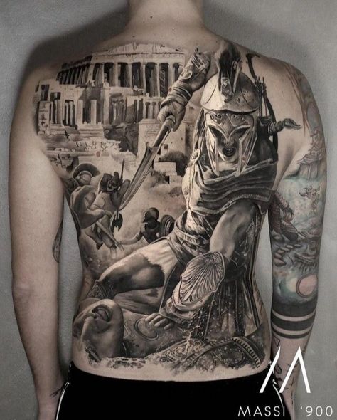 Black And Grey Full Back Tattoos, Justice Tattoo, Tattoo Ideas Inspiration, Roman Tattoo, Gladiator Tattoo, Backpiece Tattoo, Spine Tattoo Ideas, Tato Minimal, Spartan Tattoo