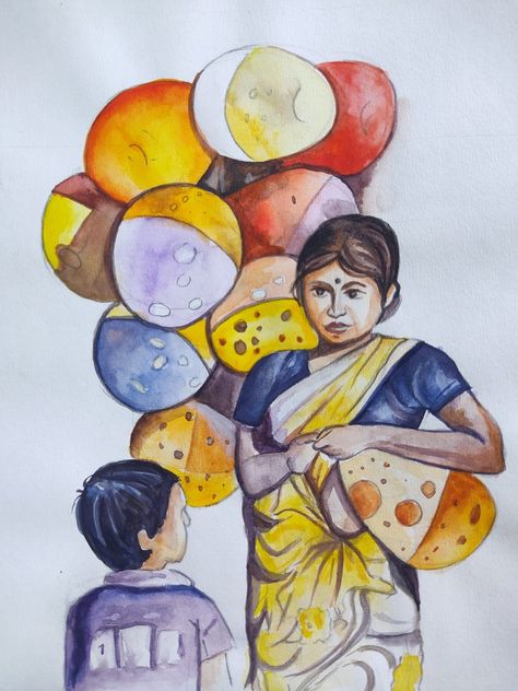 Balloon seller painting with watercolor Balloon Seller Painting, Figurative Composition Drawing, Figure Composition Watercolor, Balloon Seller Drawing, Watercolor Figure Painting, Painting Easy Watercolor, Figurative Watercolor, Figurative Composition, Composition Watercolor