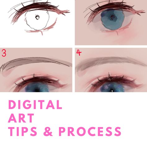 Step by step techniques. Learn to draw and paint cute anime and semi-realistic style art. Draw, color, and shade with process tips! Anime Eyes Semi Realistic, Art Style Inspiration Semi Realistic, Semi Realism Tutorial Step By Step, Eye Semi Realistic, Semi Realism Art Style Tutorial, Semi Realistic Anime Art Tutorial, Semi Realistic Drawing Eyes, Semi Art Style, Semi Realistic Eyes Tutorials