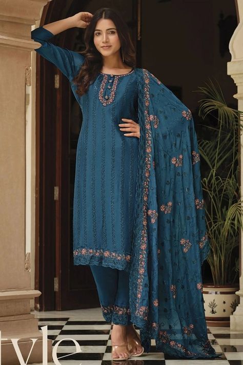 Teal Blue Embroidered Pant Kameez Suit Blue Kameez, Cyan Colour, Gown Suit, Indian Salwar Kameez, Simple Sarees, Embroidered Pants, Pakistani Suits, Pant Suit, Shalwar Kameez