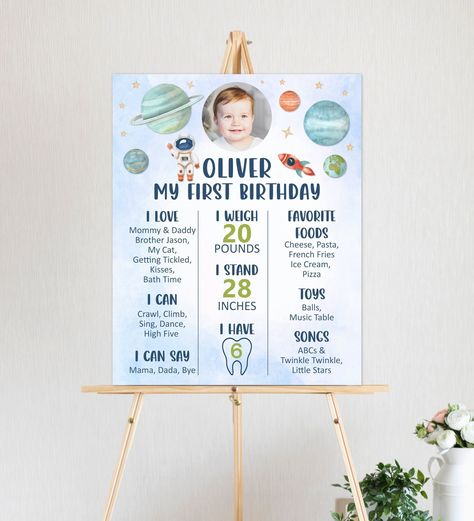 "𝐖𝐡𝐚𝐭 𝐢𝐭 𝐢𝐬: A made-to-order digital file that we will edit the design for you and send the final file to you via email.  CUSTOM Outer Space Birthday Milestone Board First Trip Around The Sun Planets Galaxy Birthday Boy 1st Birthday Poster Sign Printable THIS IS FOR DIY PRINTING, YOU WILL RECEIVE DIGITAL FILES ONLY. NO PHYSICAL ITEM WILL BE SHIPPED! Personalized Birthday Poster - We will edit and send the file to your email within 12-24 hours. ⭐️ Rush service is available for additional 1st Birthday Poster, Planet Party, Galaxy Birthday, Birthday Milestone Board, Boys First Birthday Party Ideas, Milestone Board, First Trip Around The Sun, Outer Space Birthday, Space Birthday Party