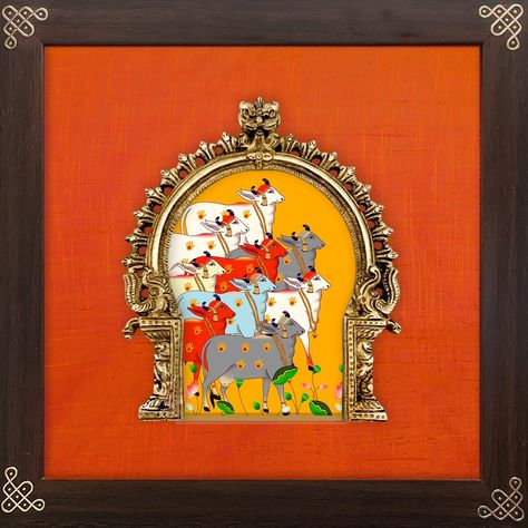 Pichwai art : digitally printed & embellished with brass prabhavali frame with a backdrop of rich vibrant raw silk. 11x11 inches. #brass #prabhavali #homedecor #walldecor #indianart #gift #giftideas Pichwai Paintings Wall Decor, Prabhavali Design, Prabhavali Frame, Paintings Wall Decor, Pichwai Art, Andrew Loomis, Kerala Mural Painting, Ceiling Murals, Sale Ideas