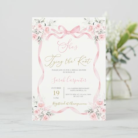 She's Tying the Knot Bridal Shower Invitation Spring Wedding Invitations, Invitation Elegant, Bridal Tea, Invitation Pink, Tying The Knot, Save The Date Card, Bridal Shower Theme, Bridal Shower Invitation, Tie The Knots