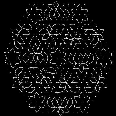 22 - 11 interlaced dots (Idukku Pulli) Kolam. Start with 22 dots in the center and then 21 interlaced dots.  Again put 22 dot... Flower Kolam With Dots, Rangoli Idea, Vishnu Priya, Kolam Dots, Dot Painting Tools, Flower Kolam, Easy Rangoli Designs Videos, Dot Rangoli, Pulli Kolam