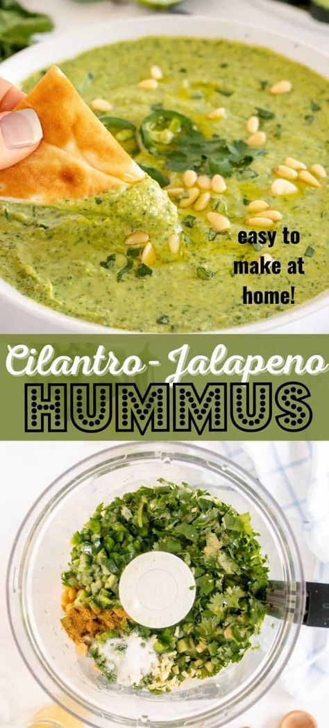 Cilantro Jalapeno Hummus is the perfect snack served with pita chips or vegetable dippers. This recipe is super easy to make, and so darn good! Cilantro Hummus Recipe, Cilantro Jalapeno Hummus, Appetizer Vegan, Cilantro Hummus, Jalapeno Hummus, Creamy Jalapeno, Diy Easy Recipes, Falafel Recipe, Jalapeno Peppers