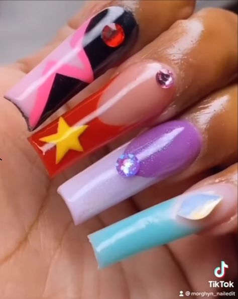 Steven Universe Nails Art, Adventure Time Acrylic Nails, Fnaf Nails Acrylic, Adventure Time Nails Acrylic, Steven Universe Nail Designs, Steven Universe Nail Art, Undertale Nails, Gengar Nails, Gravity Falls Nails