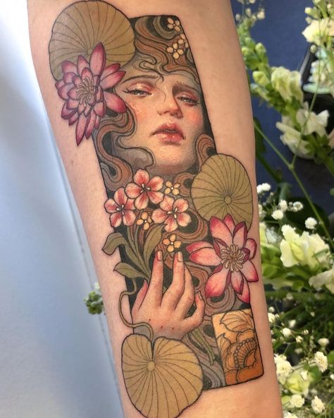 Hannah Flowers on Instagram: “Ophelia for Lauren 🌸” Art Nouveau Floral Tattoo, Hannah Flowers, Watch Tattoo Design, Art Deco Tattoo, Art Nouveau Tattoo, Nouveau Tattoo, Watch Tattoos, Gorgeous Tattoos, Traditional Tattoo Design