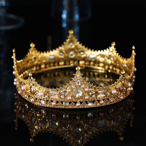 A regal full round crown studded with sparkling crystals and graceful pearls, the Kings Baroque Vintage Crystal Full Round Crown is available in three color variations, and is the perfect accessory to make any performance or celebration even more majestic. material: metal, crystal type: full round crown style: kings crown color: gold, silver, rust/rose gold Crowns For Women, Crystal Crowns, Crystal Princess, Black Tiara, Hair Accessories Tiara, Crown Aesthetic, Crown Crystal, Dresses Fancy, Princess Bridal