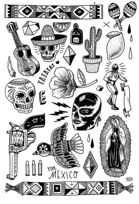 Flash Art Tattoos, Traditional Tattoo Flash Sheets, Simple Bird Tattoo, Mexico Tattoo, Mermaid Tattoo Designs, Mexican Tattoo, Mexican Art Tattoos, Kunst Tattoos, Chicano Tattoos