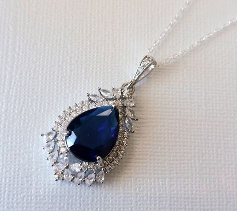 Sapphire Pendant Necklace For Wedding, Blue Sapphire Bridal Necklace For Wedding, Navy Blue Necklace Wedding, Elegant Blue Pendant Crystal Necklaces, Bridal Pendant Necklace, Elegant Blue Crystal Pendant Necklace, Navy Blue Jewelry, Blue Wedding Jewelry, Bridal Pendant