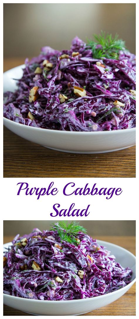 Crunchy purple cabbage and chopped pecans tossed in a creamy garlicky dressing. Purple Party Foods, Purple Cabbage Salad, Purple Cabbage Recipes, Purple Vegetables, Salad Making, Red Cabbage Recipes, Red Cabbage Salad, Red Cabbage Slaw, Apple Recipe