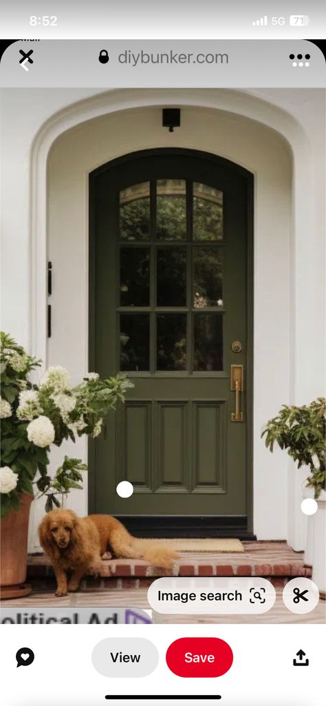 Moody Front Door Color, Moss Green Front Door, Dark Green Door Exterior, Green Front Door Brick House, White House Green Door, Emerald Green Front Door, Olive Green Front Door, Front Door Colors With Tan House, Dark Green Front Door