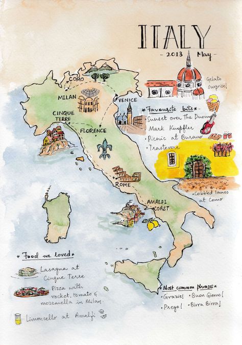 Illustrated watercolour map of Italy based on a trip we took Italy Sketches, Italy Illustration, Maps Aesthetic, Map Of Italy, Travel Journal Scrapbook, Travel Art Journal, Italy Poster, Mark Knopfler, Easy Drawing Tutorial