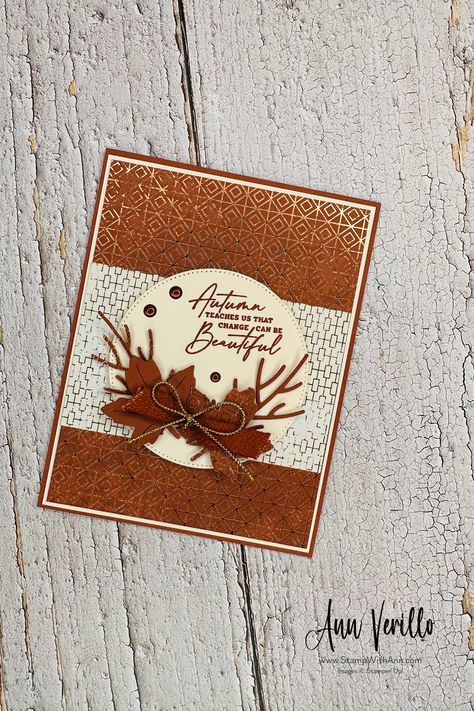 As the leaves gently paint the world in shades of amber and gold, I wanted to share a piece of my heart with you. 🍁🧡 - I created this beautiful Autumn Leaves Greeting card using the Autumn Leaves Bundle and All About Autumn Designer Series Paper from Stampin' Up! I love the Copper Clay color focus on this card it reminds me of anothr favorite during the Fall - Pumpkin Spice! Get all the details on how I made this card on my blog! Stampin Up Leaf Cards, Gilded Autumn Stampin Up Cards, Stampin Up Thanksgiving Cards Handmade, Gilded Autumn Dsp Stampin Up Cards, Cards With Pumpkins, Stampin Up Autumn Leaves Bundle, Autumn Leaves Stampin Up Cards 2023, Stampin Up Autumn Leaves 2023, All About Autumn Dsp