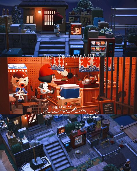 🐙🍜 the irasaku restaurant in zucker’s residence Acnh Japanese, Acnh Interior, Japanese Island, Menu Restaurant, Animal Crossing, House Ideas, House Interior, Cool Designs, Restaurant