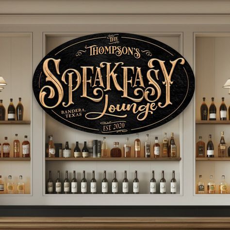 This stunning Speakeasy Lounge sign blends vintage charm with modern durability. Crafted from high-quality metal and acrylic, it's perfect for both indoor and outdoor use. With its timeless design and weather-resistant construction, this sign adds a touch of nostalgia and sophistication to any space. Illuminate your surroundings with the warm glow of the Oval Speakeasy Sign, and let its evocative design transport you to a bygone era of clandestine revelry and mystery. ** Our design features a pr Speakeasy Signs 1920s, Speakeasy Style Living Room, Western Speakeasy, Speakeasy Room Ideas, Speakeasy Sign, 1920s Speakeasy Aesthetic, Bourbon Lounge, Speakeasy Room, Speakeasy Decor Bar