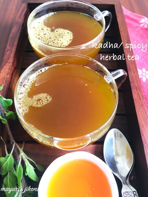 Kadha/ Herbal Spicy Tea - Mayuri's Jikoni drink, for colds, ginger, gluten free, healthy, herbal tea, home remedy, mint, satvik, spices, tulsi, vegan option Kadha Recipe, Spicy Tea, Foraging Recipes, Indian Cooking Recipes, Cold Symptoms, Holy Basil, Healthy Drinks Recipes, Indian Cooking, Vegan Options